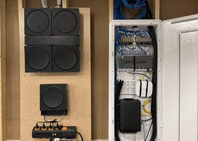 Wall mounted Sonos AMPs and network media center open